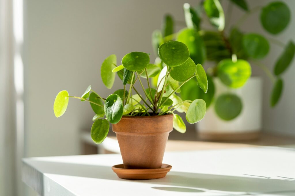 Pilea peperomioides houseplant in terracotta pot at home. Chinese money plant. Indoor gardening.