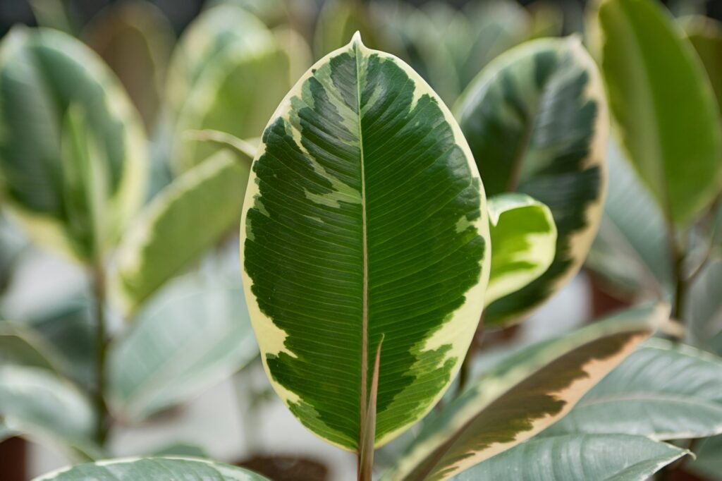 Closeup photography of textured glossy leaf of ficus elastica,natural background.