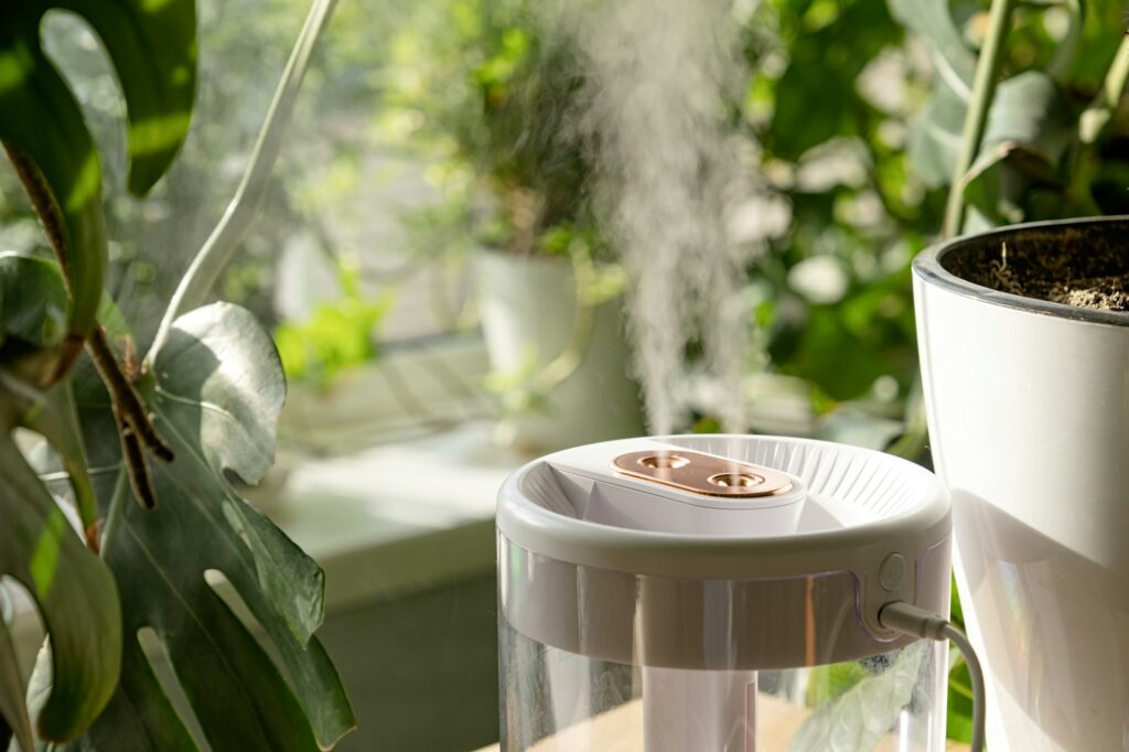 Modern air humidifier on table in living room full of plants. Space for text